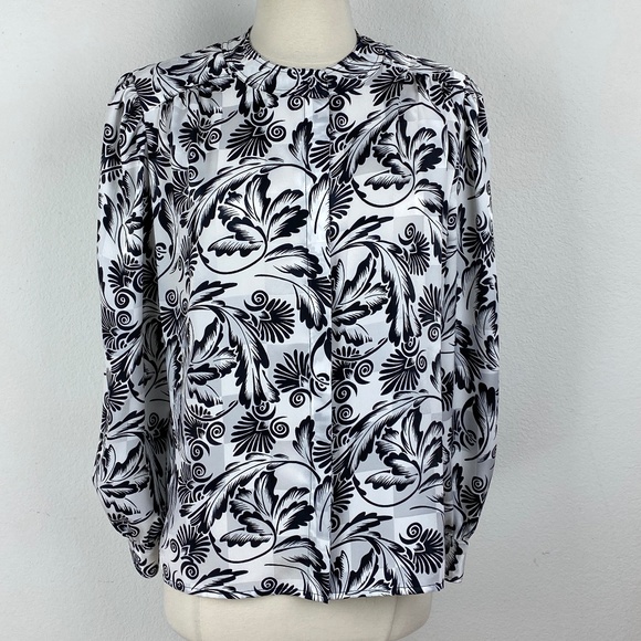 Lloyd Williams Tops - Vintage 90s Lloyd Williams Floral Blouse Size 6 Slinky Black White Long Sleeve